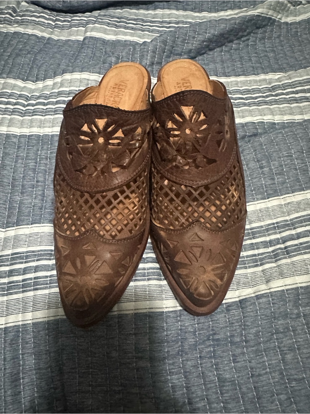 Brown Leather Cutout Slip-On Mules